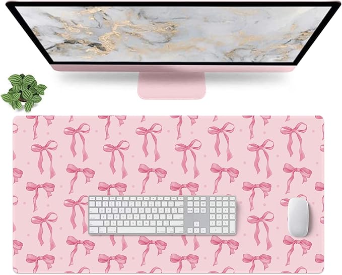 Pink Desk Mat with Bows, Cute Mouse Pad for Computer Laptop PC Non-Slip Rubber Base Gaming Keyboard Pad, Large Office Mat Girly Décor Office Supplies Desk Accessories for Teen Girls Women 31.5 x 15.7