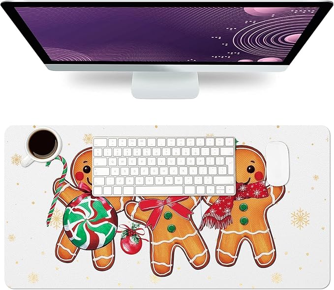 Christmas Mouse Pad PU Leather Gingerbread Man Desk Mat Large Waterproof Gaming Pad Non-Slip Keyboard Mouse Pad Writing Pad for Gamer Office&Home