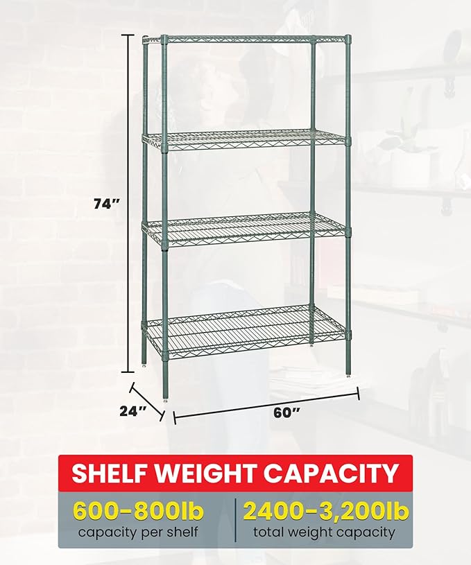 Quantum WR74-2460P Wire Shelving Starter Kit with (4) Shelves and (4) Posts for Industrial Warehouse Storage Distribution | 600-800 lbs Capacity | 60"W x 24"D x 74"H, Green Epoxy, Carbon Steel, NSF