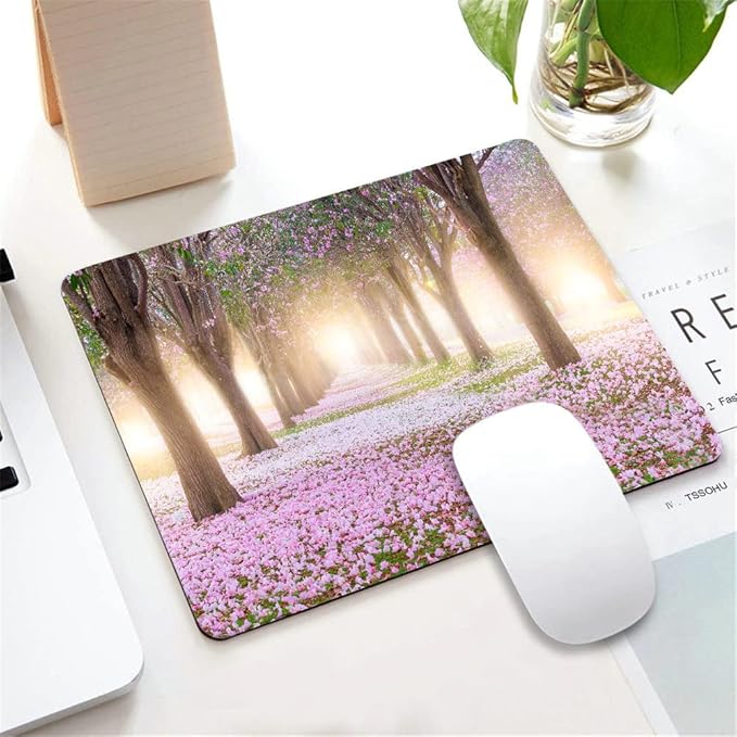 Mouse Pad, Pink Trumpet Tree and Flowers Blossom Mouse Pad, Personalized Rectangle Mousepad Customized Mouse Pads with Designs Non-Slip Rubber Smooth MousePads for Computer Laptop