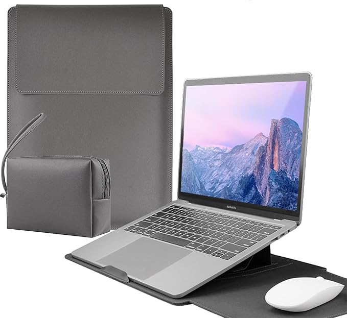 4-in-1 Laptop Sleeve with Stand and Mouse Pad, Faux Leather Protective Case with Accessory Pouch for 15-16 Inch Laptops, Grey