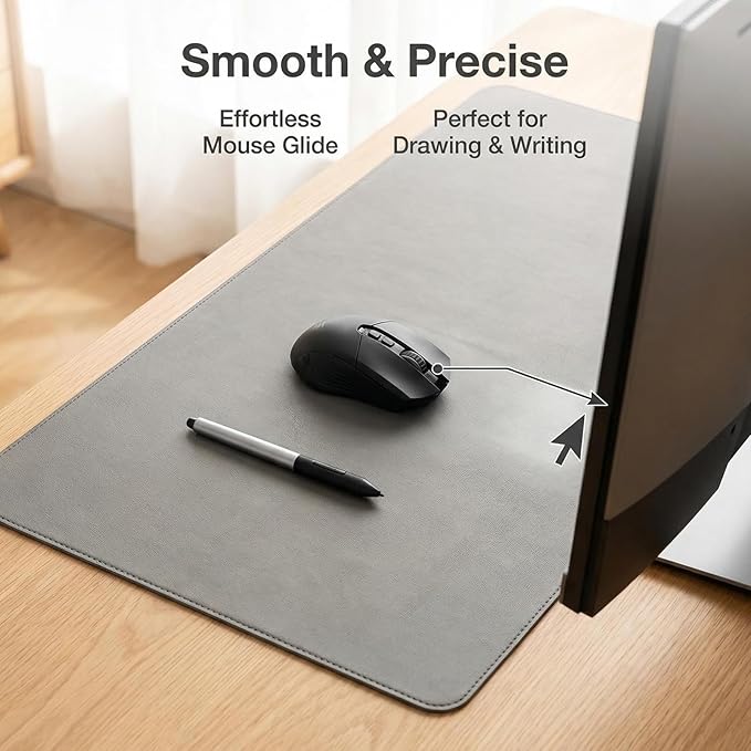 Desk Pad, 14.97'' x 25.22'' PU Leather Non-Slip Desk Mat Mouse Pad for Desktop, Waterproof Laptop Computer Writing Mat for Office, Home, Work, Gray