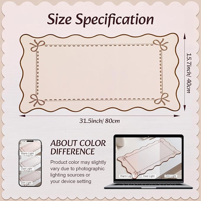 Scalloped Bow Desk Mat Cute Coquette Large Mouse Pad Kawaii Cottagecore ‌Vintage‌ Rustic Keyboard Pad Nonslip 2026 Graduation Gift with Stitching Waterproof Gaming(Light Khaki)