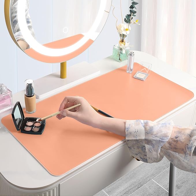 Makeup Mat for Vanity to Protect Desk Top 23.6 x 11.8 in, Dual-Sided Makeup Mat, Easy to Clean Desk Pad - Waterproof and Oilproof Vanity Accessories (Peach and Grey)