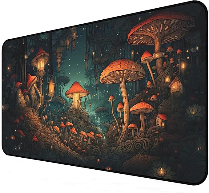Mushroom Forest Desk Mat, Anime Mouse Mat XXL, Retro Large Gaming Keyboard Mouse Pad, with Non Slip Rubber Base and Stitched Edges Full Desk Pad, Natural Landscape Desktop Decor 31.5"X15.7"