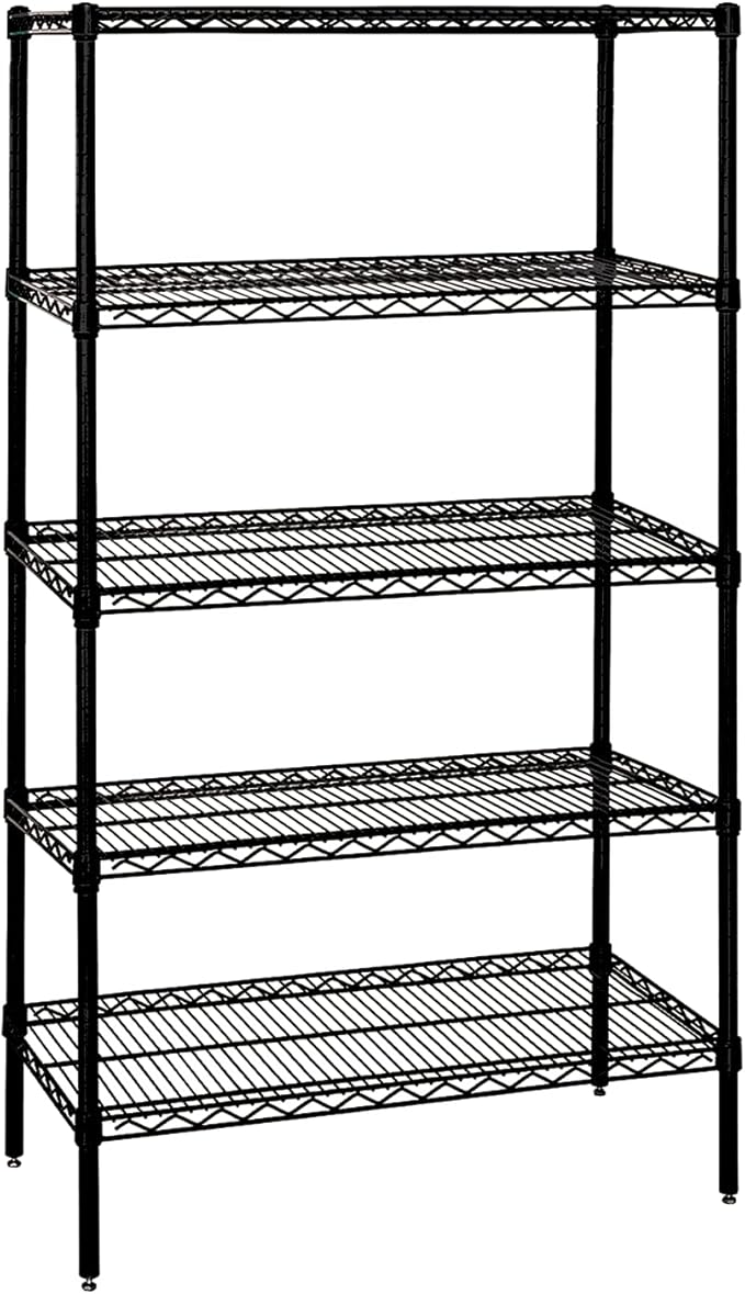 Quantum Storage Systems WR86-2124BK-5 Wire Shelving Starter Kit, 24" W x 21" D x 86" H, 600 lbs Capacity, Carbon Steel, Epoxy Coated, Black, NSF