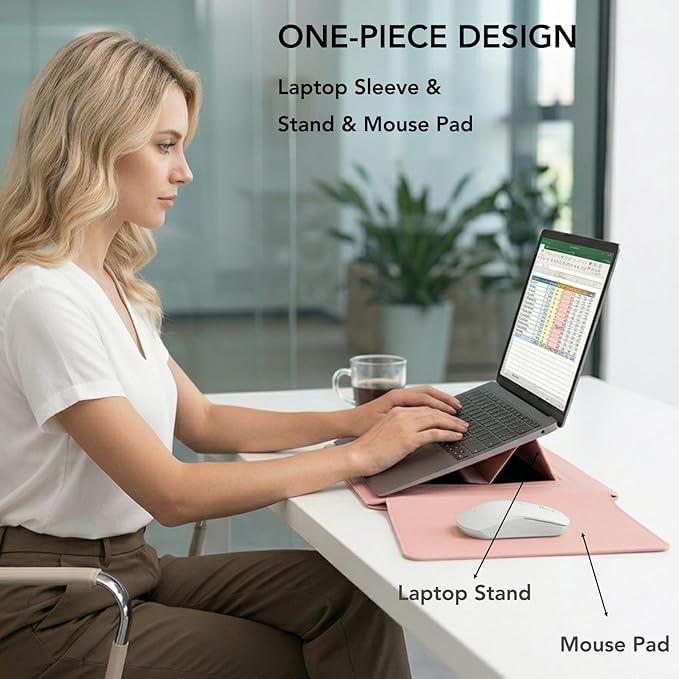 4-in-1 Laptop Sleeve with Stand and Mouse Pad, Faux Leather Protective Case with Accessory Pouch for 13.3-14 Inch Laptops, Pink