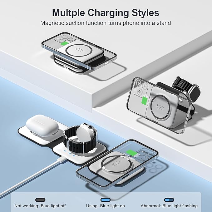 3 in 1 Charging Station for Multple Devices,Foldable 3 in 1 Wireless Charger for Travel,Nano Wireless Charging Station for iPhone16 15 14 13 12 Pro Max/Watch 10 9 8 7 6 5 4 3 Ultra/AirPod Pro