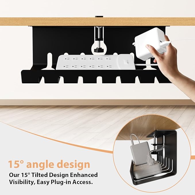 Syeeiex Cable Management with No-Drill C-Clamp & Screw Mount, 17'' Metal Under Desk Cord Organizer, Under Desk Cable Management Tray for Office/Home workspace (Black)
