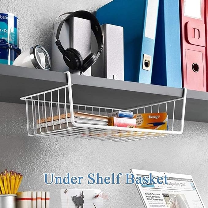 6 PACK 12in Hanging Under Shelf Storage Basket Kitchen Cabinet Organizer Storage, Slides Under Wire Shelves for Counter Pantry Desk Bookshelf, White