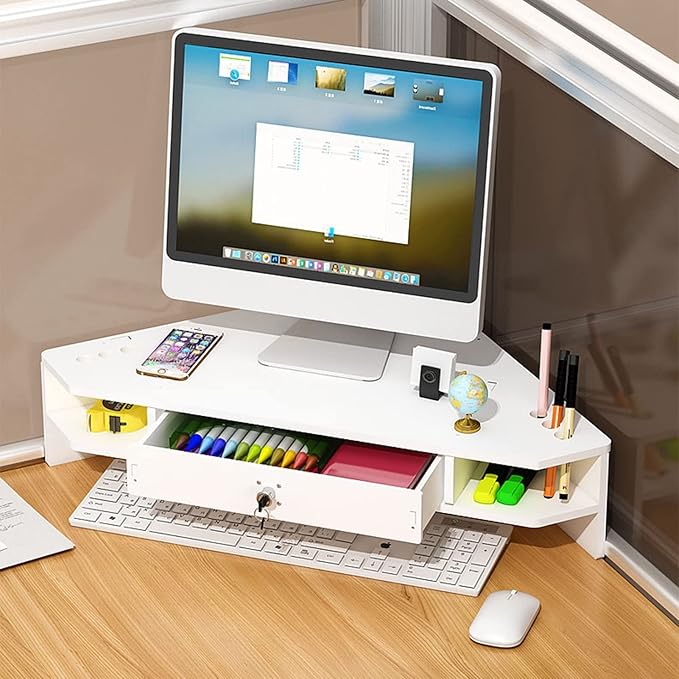 ROYUMI White Corner Monitor Riser with Drawer, Triangle Screen Stand with Lock, Ergonomic Computer Monitor Stand, Triangle Storage Desk Stand