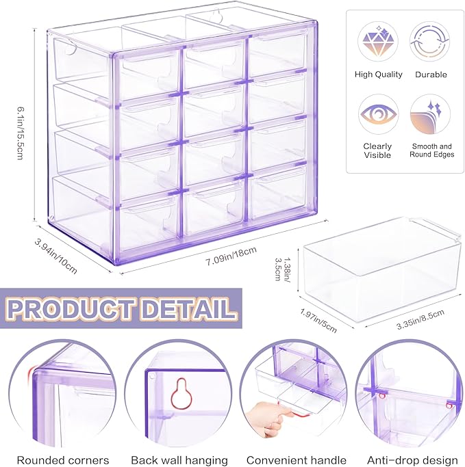 Desk Storage Organizer with 12 Mini Drawers, Clear Desktop Craft Drawer Cabinet, Stackable Storage Box Caddy for Makeup Jewelry Office Craft Supplies (Purple)