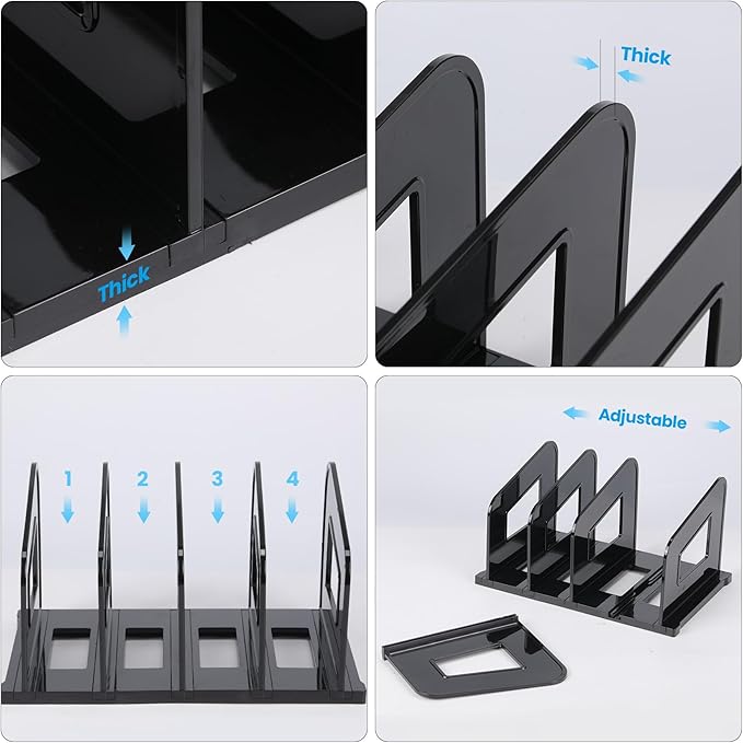 LALOBLUE File Organizer, Acrylic Folder Organizer File Sorter, Plastic Vertical Dividers for Magazine Mail Letter Paper, Desktop Organizers for Office, Classroom & Home(4 Sections, 2 Pack), Black