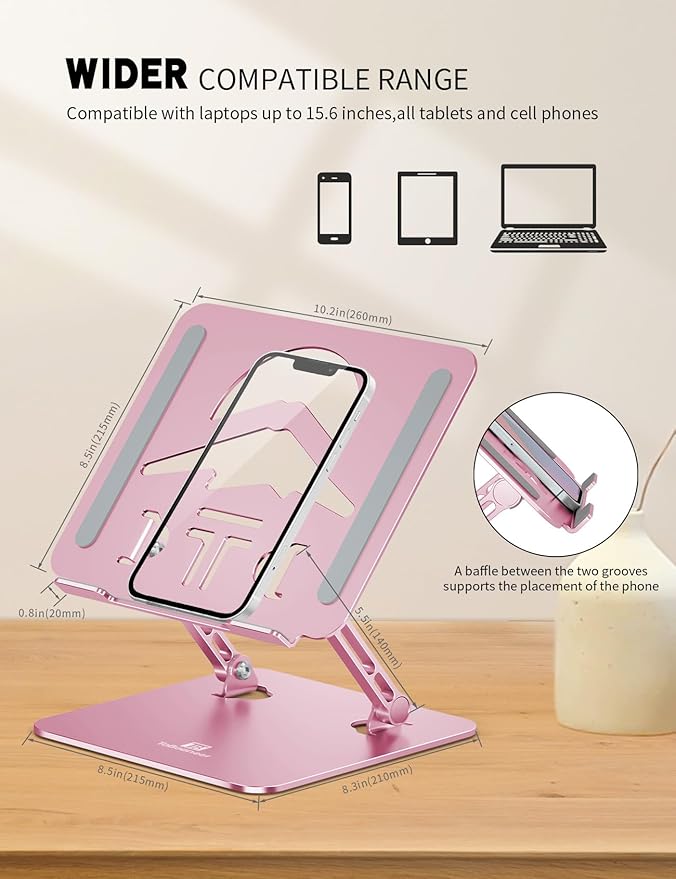 Laptop Stand Adjustable Laptop Holder for Desk, Foldable Laptop Riser Portable Computer Stand Compatible with MacBook, Lenovo, HP and All Laptops up to 16 inches Puce Pink