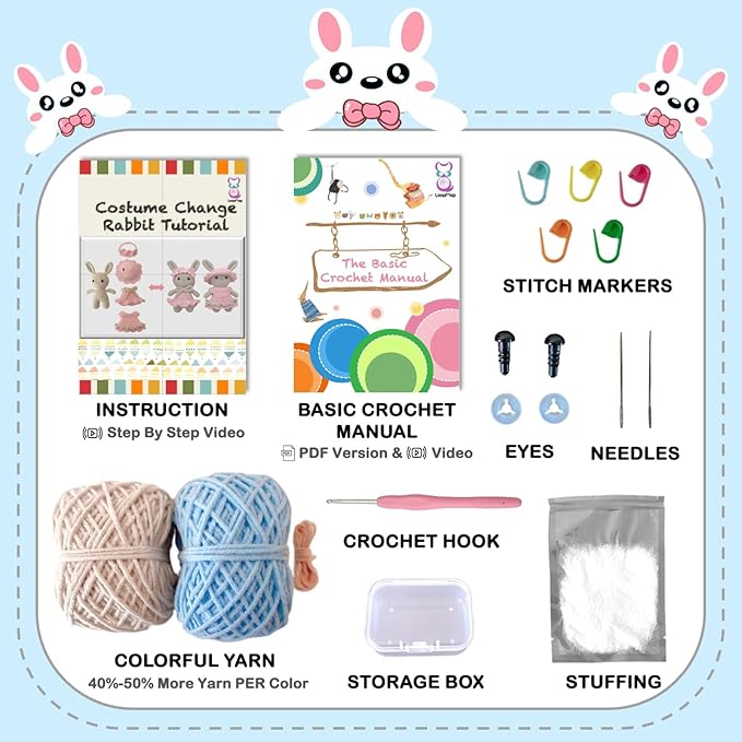 LoopMap Amigurumi Crochet Kit for Beginners with Removable Dress & Video Tutorials, DIY Bunny Making Kit Includes Premium Yarn & Tools, Creative Gift for Adults Teens (Blue)