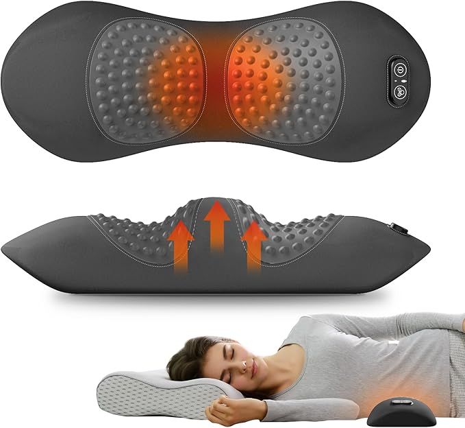 3-in-1 Electric Lumbar Support Pillow for Bed & Chair, Back Massager with Heated, Vibration and Traction, Triple Fusion Lower Back Support for Pain Relief and Relaxation - Dark Gray