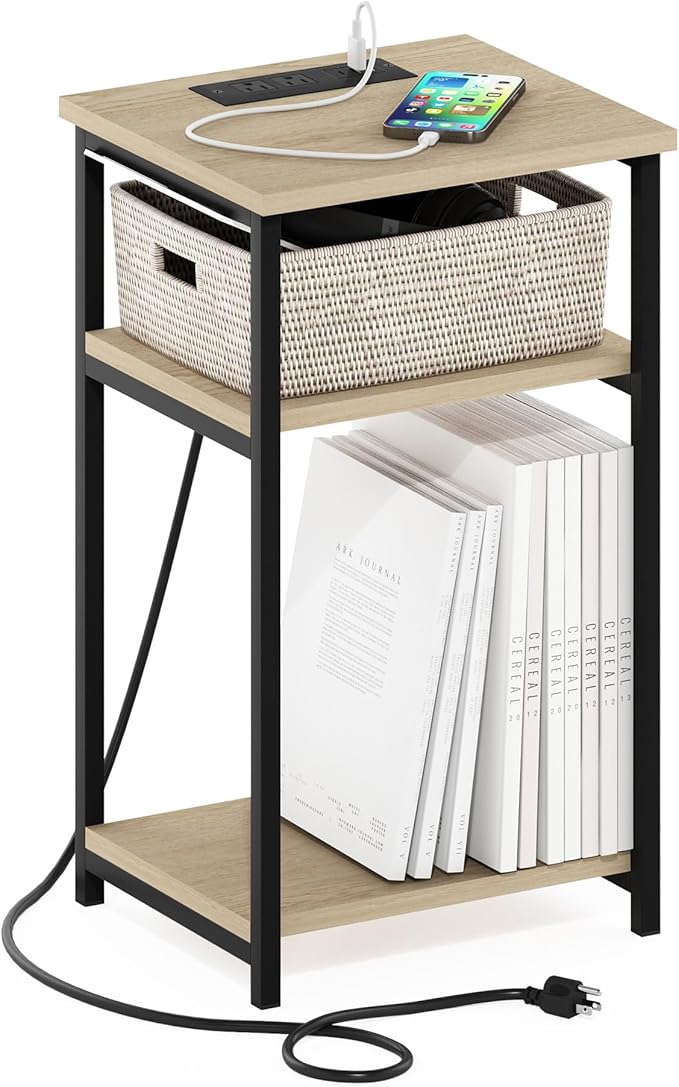 Furinno Moretti Side Table, 3-Tier Modern End Table with Charging Station, Metal Frame Night Stand, Bedside Table with USB and Type-C Port, for Living Room, Bedroom, Bauhaus Oak