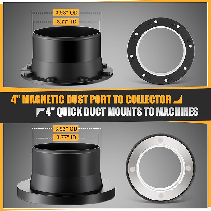 Saillong 4" Magnetic Dust Collector Fast Connect System – Starter Kit with Neodymium Fittings, Hose Couplers & Clamps for Workshop Dust Collection(Rubber Joint)
