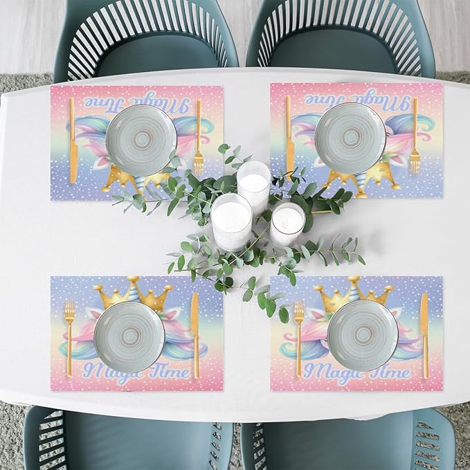 Placemats Set of 4 Heat-Resistant Rectangle Place Mats Unicorn Cute Washable Plastic PVC Dining Table Mat Non-Slip Wipeable Woven Vinyl Placemat for Kitchen Patio Table Decor