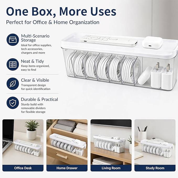 TexHome 2 Pcs Charger Cable Organizer Box with Lid Plastic Cord Storage Box with Wire Ties, Electronics Cord Organizer for Home Drawer Office Desk Accessories Storage