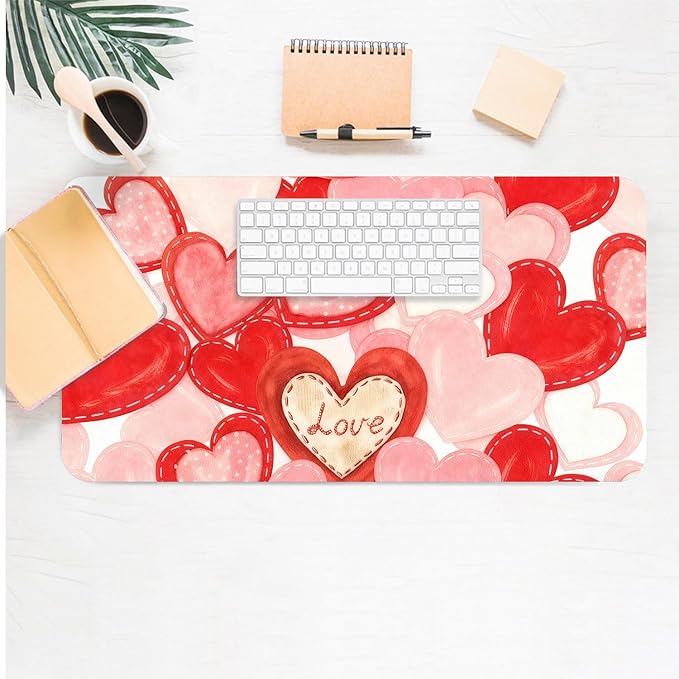 Valentine Desk Mat, Cute Love Heart Large Mouse Pad for Desktop, PU Leather Waterproof Desk Pad, Computer PC Laptop Protector Gaming Mouse Pads Valentine's Day Gifts for Her Him (23.6" x 11.8")