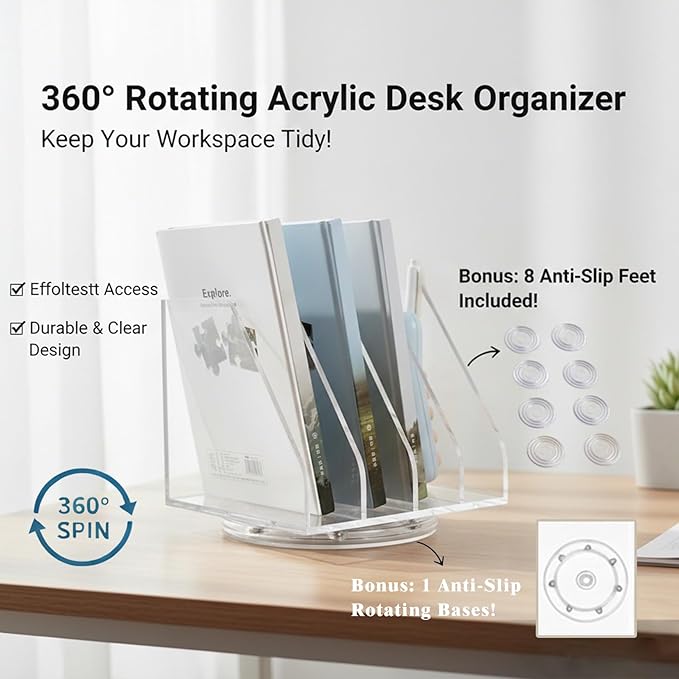 LIYAOLI Acrylic File Organizer with 4 Vertical Compartments, 360° Rotating Vertical Desk Organizer for Books, Folders, Magazines, Compact Clear Book Stand & Binder Holder for Office Desk Storage