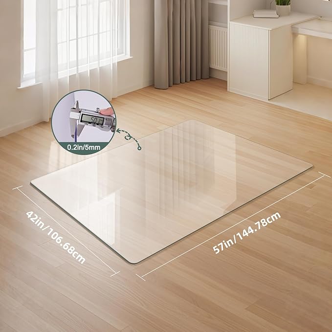 [Tempered Glass] Glass Office Chair Mat for Carpet Heavy 57" x 42"-1/5" Thick Premium Tempered Glass Duty Hard Glass Chair Mats -for Office Chair on Carpet or Hard Floor with 4 Anti-Slip Pads