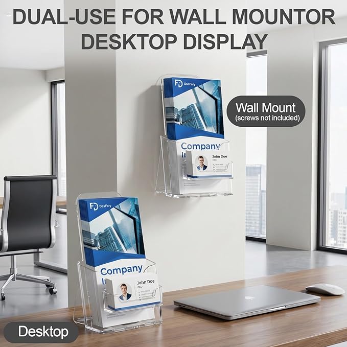 Daofary 2 Pack Acrylic Brochure Holder 4 x 9, Single Tier Brochure Stand for Pamphlets, Flyers, Magazines, Clear Acrylic Display Rack for Desk, Countertop, Wall Mount
