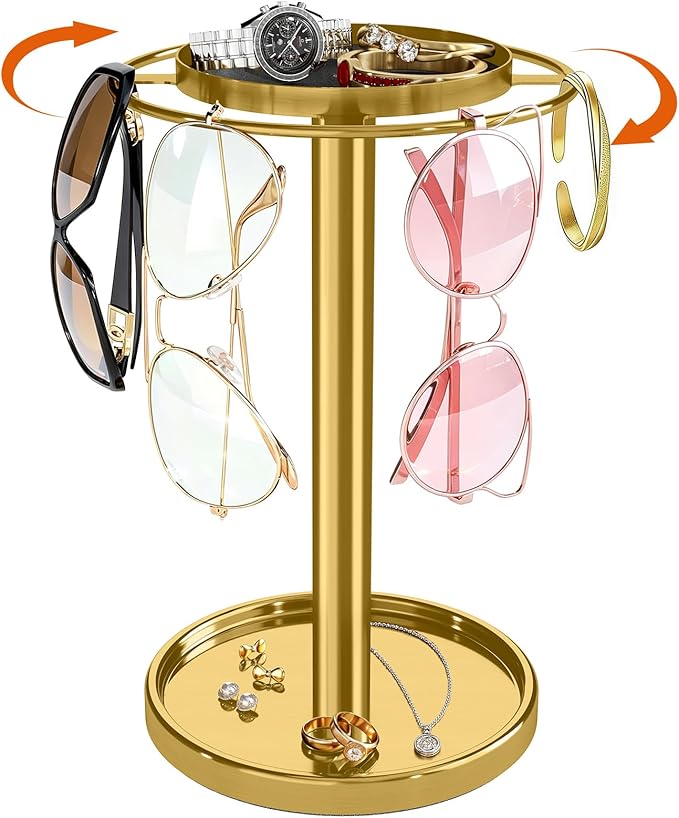 LSK 360° Rotating Sunglasses Organizer, Stainless Steel Glasses Holder Stand with Organizer Tray, Eyeglasses Holder with Storage Base for Dresser, Desk Table, Nightstand & Home Decor, Gold