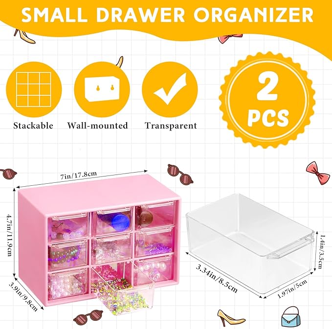 Wenqik 2 Pcs Mini Storage Drawers Teacher Toolbox Organizer with 9 Clear Drawers Small Plastic Desktop Teacher Desk Craft Organizer for Classroom Office 7" x 3. 9" x 4. 7"(Rose Red)