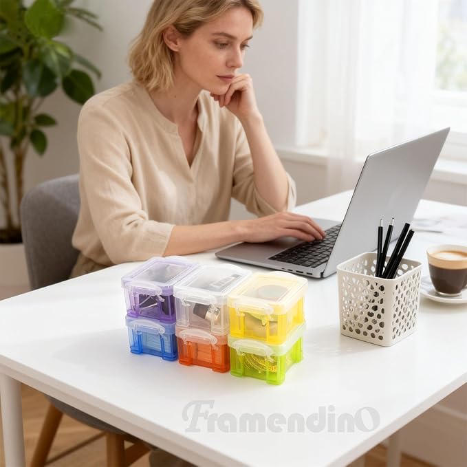 Framendino, 8 Pack Translucent Small Plastic Boxes Mini Desktop Storage Box 3.3" x 2.5" 2" Stackable Organizer Colorful Cosmetic Container with Lid for Jewelry Beads Crafts Accessories