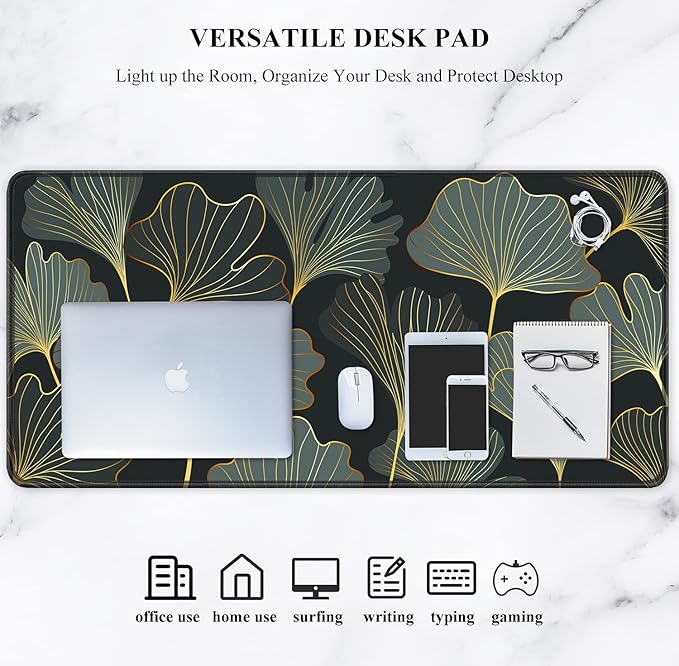 Auhoahsil Extended Mouse Pad, XXL Gaming Mouse Pads, Large Big Mousepad Laptop Computer Keyboard Mat Desk Pad with Non-Slip Base Stitched Edge for Gaming Office, 35.5 x 15.7 inch, Gold Line Leaves
