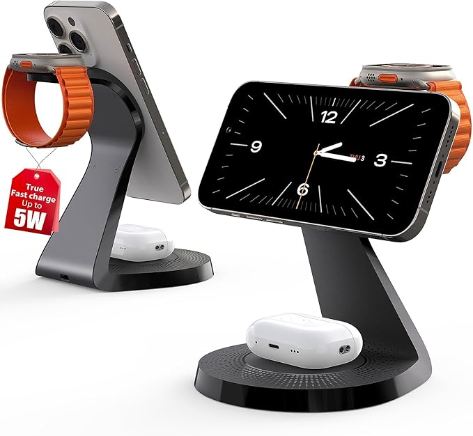 3 in 1 Charging Station for Apple Devices,Mag-Safe Charger Stand Fast Charging,Wireless Charger for iPhone 16/15/14/13/12 Series,& AirPods,& iWatch(USB-C Charger Included)