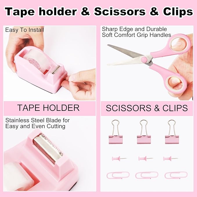 Gawsey Pink Desk Organizers and Accessories Set with 360-Degree Rotating Pen Holder, Tape Dispenser, Stapler, Staple Remover, 1000 Staples, Tape, Clips Set, Ruler, Scissor, Pen