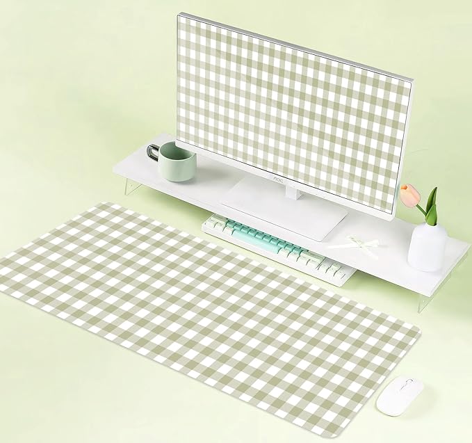 Green Checkered Large Gaming Mouse Pad Cute, Aesthetic Pattern Desk Pad, Kawaii ‌Pastel Vintage‌ Girly Keyboard Computer Mat, Mousepad, Accessories Office Decor for Women, 31.5 x 11.8 inch