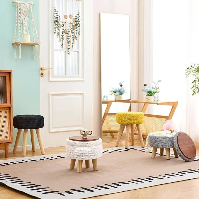 Wimarsbon Pouf Ottoman, 100% Cotton Knitted Boho Footstool, Round Footrest with Non-Skid Wood Legs, Home Décor Handmade Pouffe, Leisure Floor Step Stool for Living Room (Storage Beige)