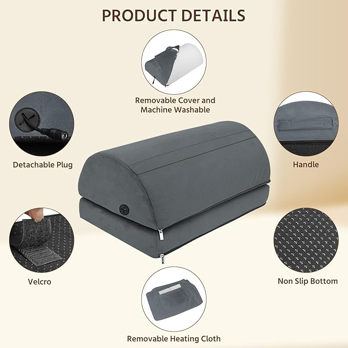 Heated Foot Rest Under Desk at Work, Office Desk Accessories Under Desk Footrest with Adjustable Height and Washable Cover, Removable Heating Accessories Foot Stool with Handle, Gray