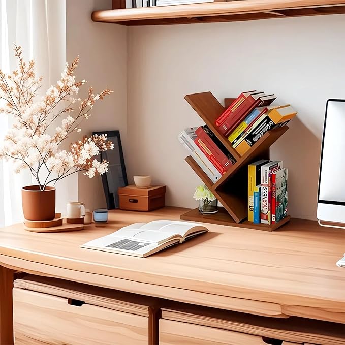 Godferyxin Tree Bookshelf,Small Bookshelf,3 Tier Wood Mini Book Shelf and Book Tree for Office, Home or School Desktop Book Shelf for for Displaying Books, CDs, Magazines Wood Storage Rack
