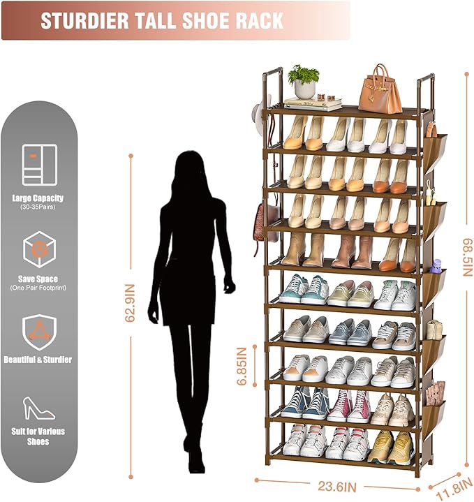 LUKYTOWER Tall Shoe Rack - 10 Tier Organizer for Closet, 30-35 Pairs, Large Capacity with 5 Hooks and Side Pocket, Sturdy Shoe Shelf, Vertical Shoe Stand Tower
