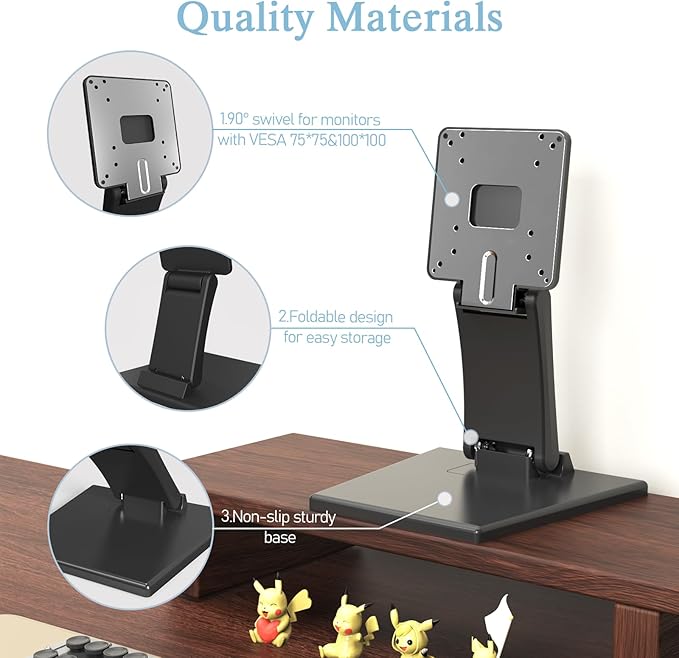 Babibobibi Foldable VESA Stand - 75x75mm/100x100mm LCD/PC Monitor Mount, Black, Lay Flat, Single Monitor Adapter