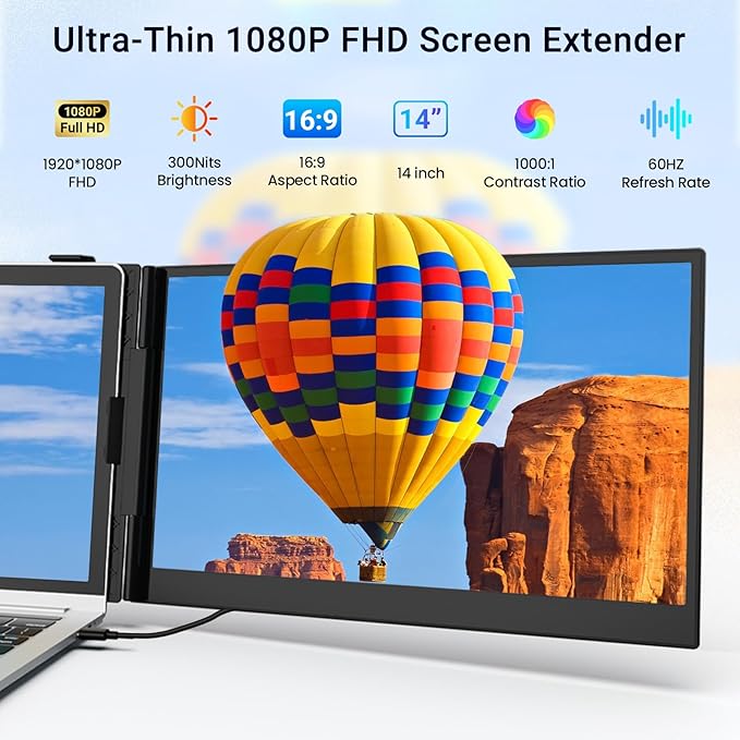Laptop Screen Extender, 14" FHD 1080P Laptop Monitor Extender, Ultra-Thin Portable Monitor for Laptop with USB-C/HDMI Port, Plug & Play for Windows/Mac/Android/Switch/PS5/Chrome