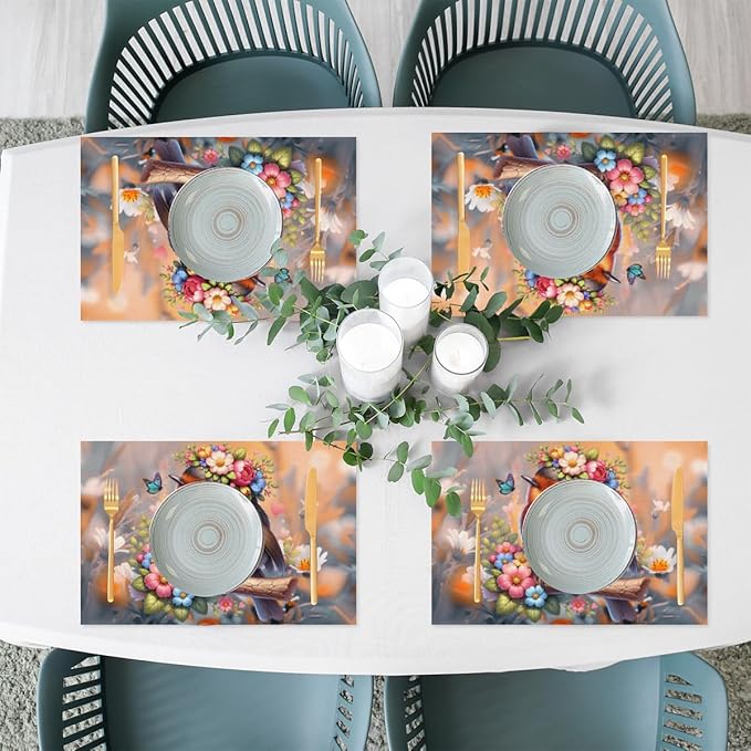 Placemats Set of 4 Heat-Resistant Rectangle Place Mats Robin Bird Cute Washable Plastic PVC Dining Table Mat Non-Slip Wipeable Woven Vinyl Placemat for Kitchen Patio Table Decor
