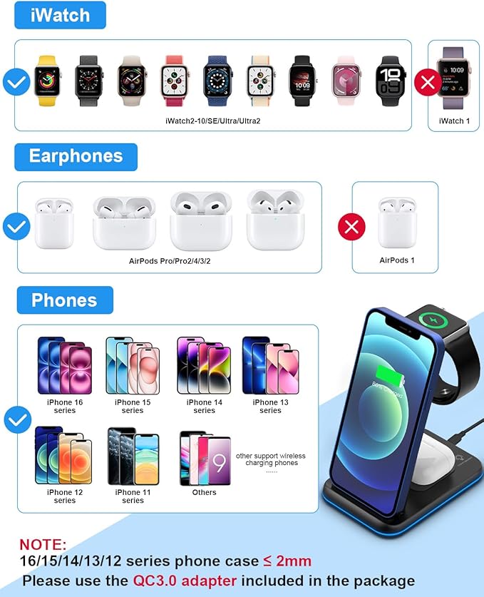 Foldable Wireless Charger for Multiple Devices 3 in 1 Wireless Charging Station for Travel, Compatible with iPhone 17 16e 16 15 14 13 12 11, Charging Pad for iWatch Series & Airpods 4 3 2 Pro