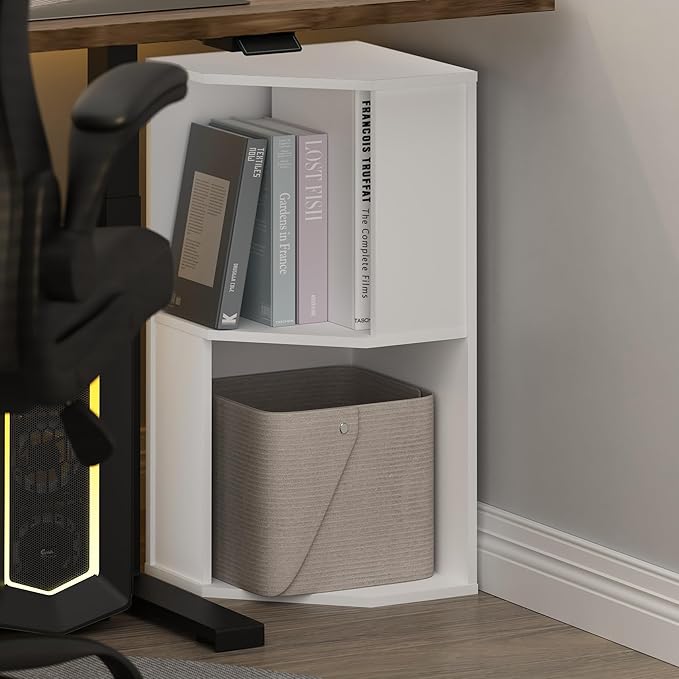 Furinno ECON Corner Shelf, 2-Tier Corner Book Shelf, Standing Storage Shelves, Cube Display Rack, Bookshelf, for Organization and Storage, Living Room, Home Office, White