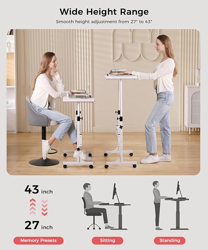 KLSMYHOKI Standing Desk Adjustable Height, Mobile Stand Up Desk with Wheels Small Computer Desk Rolling Desk, Portable Laptop Desk White Standing Table Home Office Desks 16"x31.5" Height 27"-43.5"
