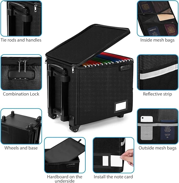 Fireproof File Box with Wheels, Collapsible Rolling Fireproof Document Bag with Lock, Fireproof Box with Handle & Casters, Mobile Fireproof Document Storage for Legal/Letter Size Files