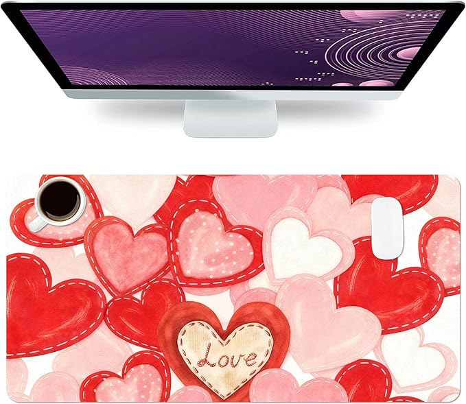 Valentine Desk Mat, Cute Love Heart Large Mouse Pad for Desktop, PU Leather Waterproof Desk Pad, Computer PC Laptop Protector Gaming Mouse Pads Valentine's Day Gifts for Her Him (23.6" x 11.8")