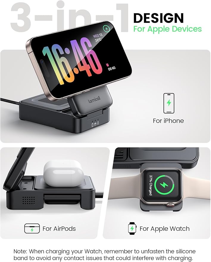 Lamicall 3 in 1 Charging Station for Apple Devices, Foldable Wireless for MagSafe Charger Stand for iPhone 17/16/15/14/13/12, Apple Watch & AirPods, Compact Travel Charging Station with Cooling