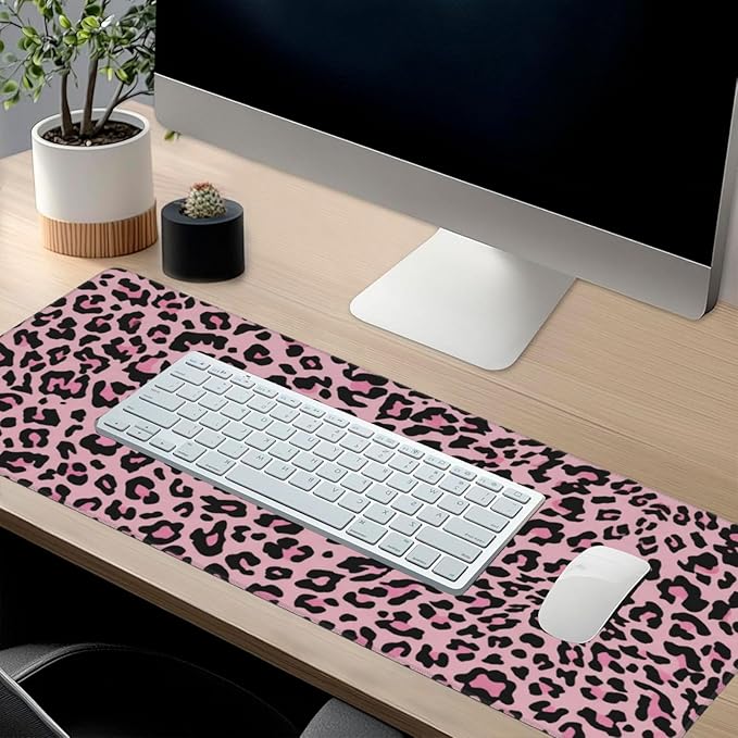 Leopard Large Mouse Pad & Desk Mat Pink Black Cheetah Print Extended Mousepad Non-Slip Rubber Base Laptop Computer Keyboard Pad for Gaming, Office & Home Decor, XXXL - 35.4" X 15.7"