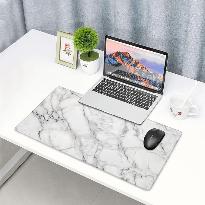 White Marble Large Mouse Pad & Desk Mat Extended Mousepad with Stitched Edges Non-Slip Rubber Base Laptop Computer Keyboard Pad for Gaming, Office & Home Decor, XXL - 29.5" X 15.8"